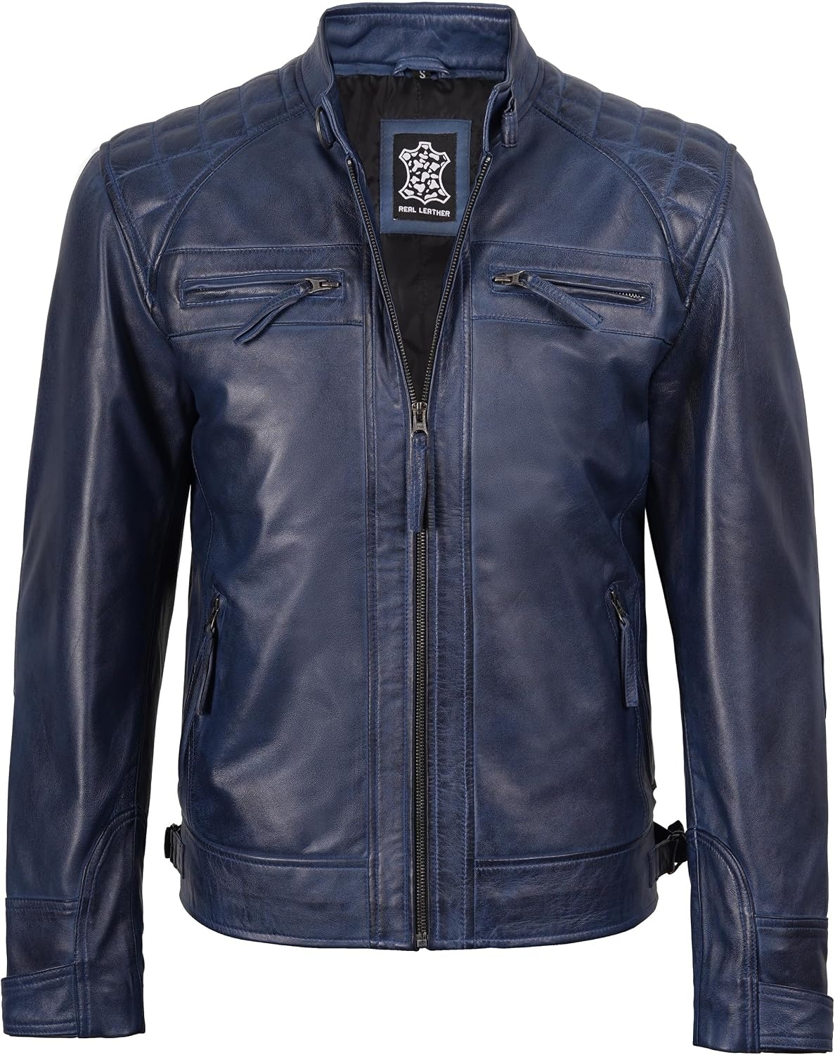 image:imageBlingsoul Cafe Racer Leather Jacket Men Quilted Real Lambskin Leather Jacket for Men with Snap Tab CollarBlue Wax