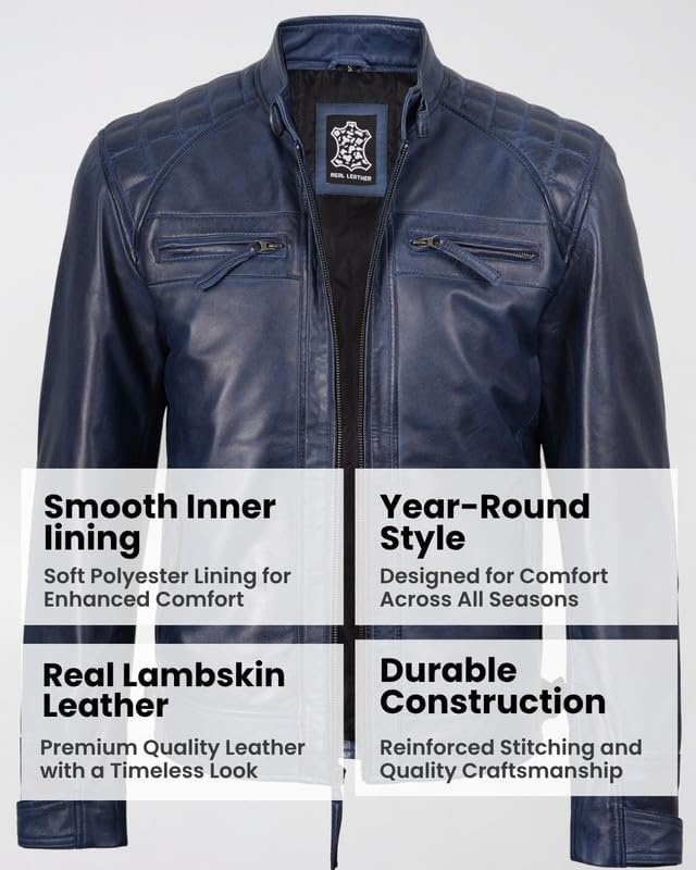 image:imageBlingsoul Cafe Racer Leather Jacket Men Quilted Real Lambskin Leather Jacket for Men with Snap Tab CollarBlue Wax