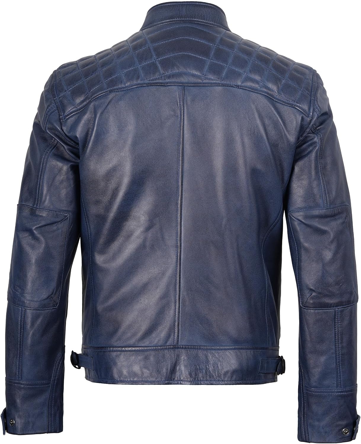 image:imageBlingsoul Cafe Racer Leather Jacket Men Quilted Real Lambskin Leather Jacket for Men with Snap Tab CollarBlue Wax