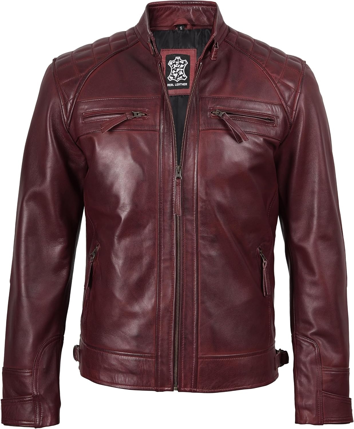 image:imageBlingsoul Cafe Racer Leather Jacket Men Quilted Real Lambskin Leather Jacket for Men with Snap Tab CollarBurgundy Maroon Wax