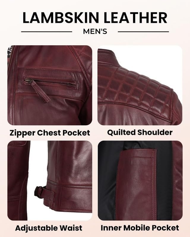 image:imageBlingsoul Cafe Racer Leather Jacket Men Quilted Real Lambskin Leather Jacket for Men with Snap Tab CollarBurgundy Maroon Wax