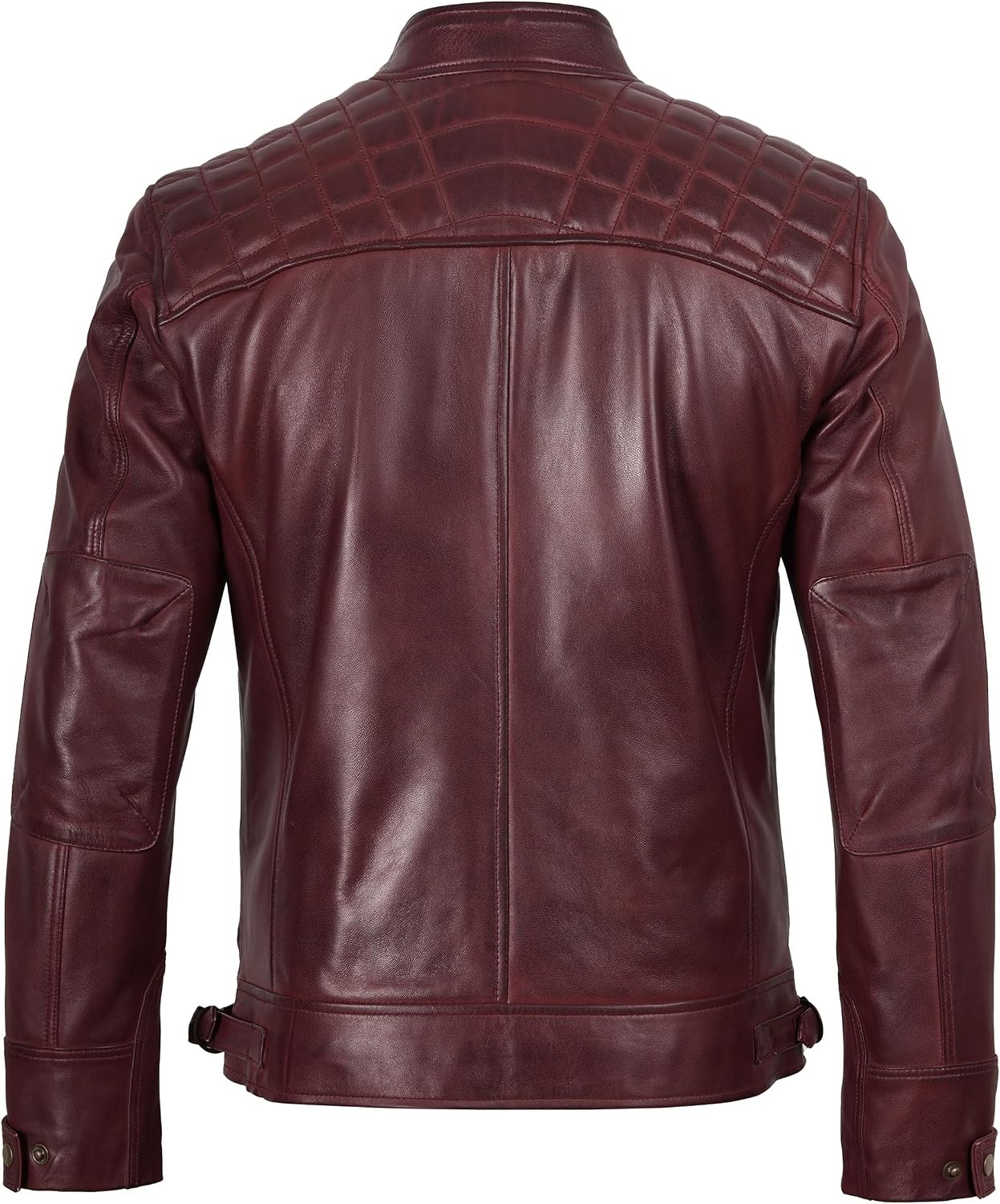 image:imageBlingsoul Cafe Racer Leather Jacket Men Quilted Real Lambskin Leather Jacket for Men with Snap Tab CollarBurgundy Maroon Wax