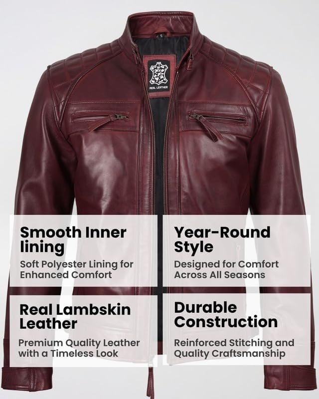 image:imageBlingsoul Cafe Racer Leather Jacket Men Quilted Real Lambskin Leather Jacket for Men with Snap Tab CollarBurgundy Maroon Wax