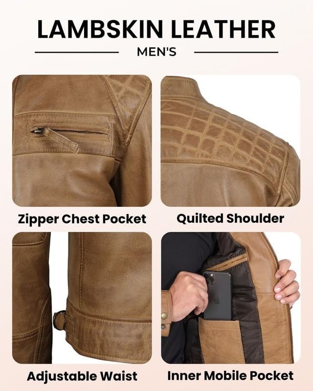 image:imageBlingsoul Cafe Racer Leather Jacket Men Quilted Real Lambskin Leather Jacket for Men with Snap Tab CollarCamel Wax