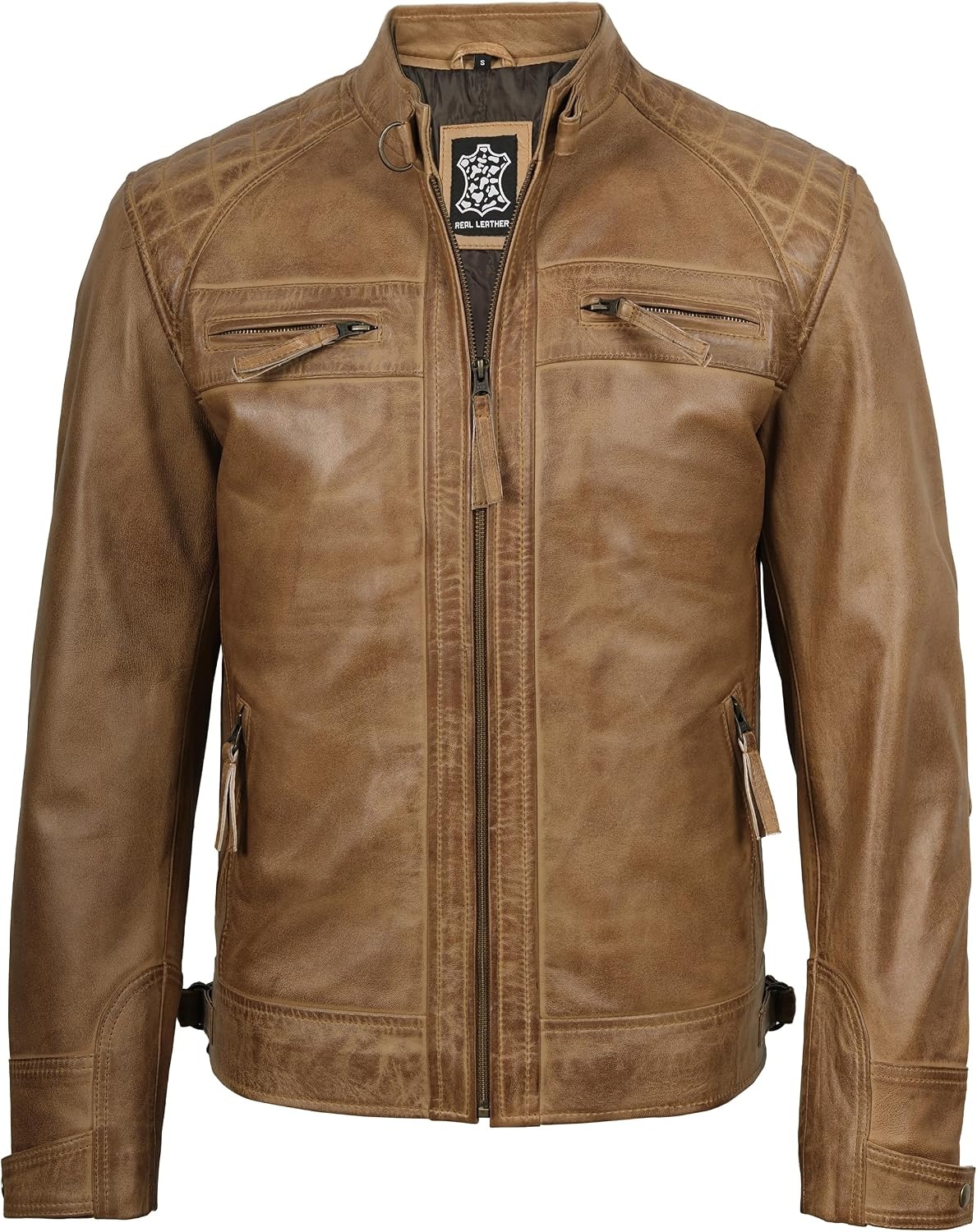 image:imageBlingsoul Cafe Racer Leather Jacket Men Quilted Real Lambskin Leather Jacket for Men with Snap Tab CollarCamel Wax