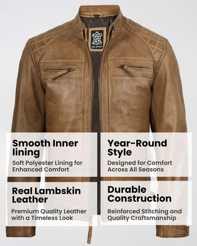 image:imageBlingsoul Cafe Racer Leather Jacket Men Quilted Real Lambskin Leather Jacket for Men with Snap Tab CollarCamel Wax