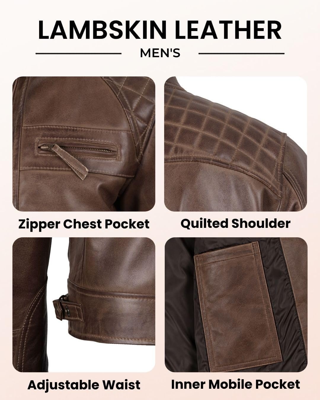 image:imageBlingsoul Cafe Racer Leather Jacket Men Quilted Real Lambskin Leather Jacket for Men with Snap Tab CollarCoffee Brown Wax