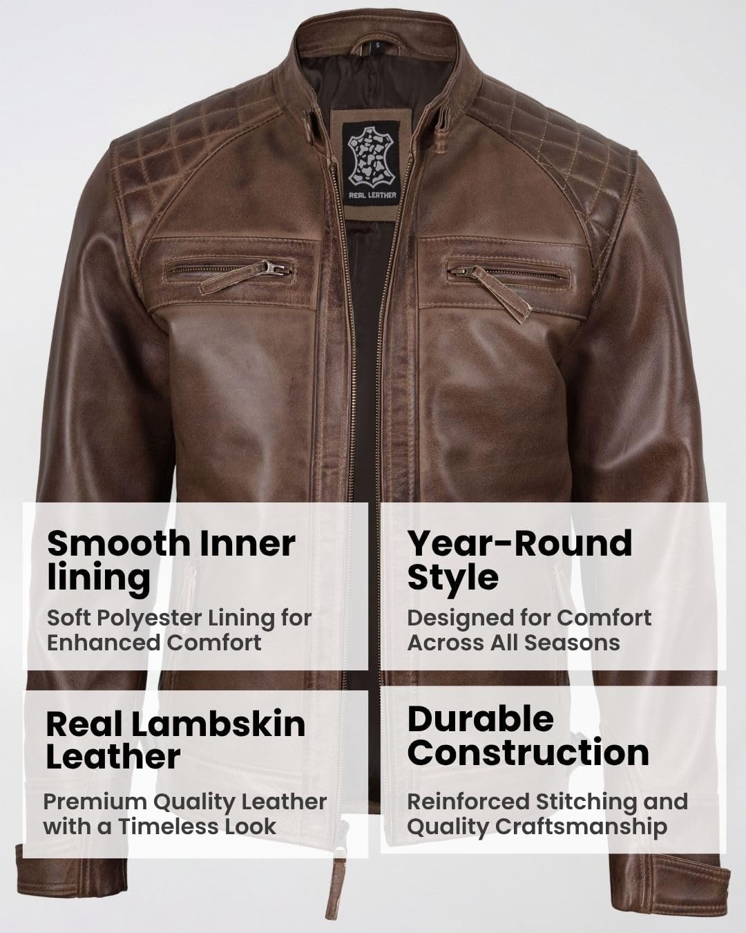 image:imageBlingsoul Cafe Racer Leather Jacket Men Quilted Real Lambskin Leather Jacket for Men with Snap Tab CollarCoffee Brown Wax