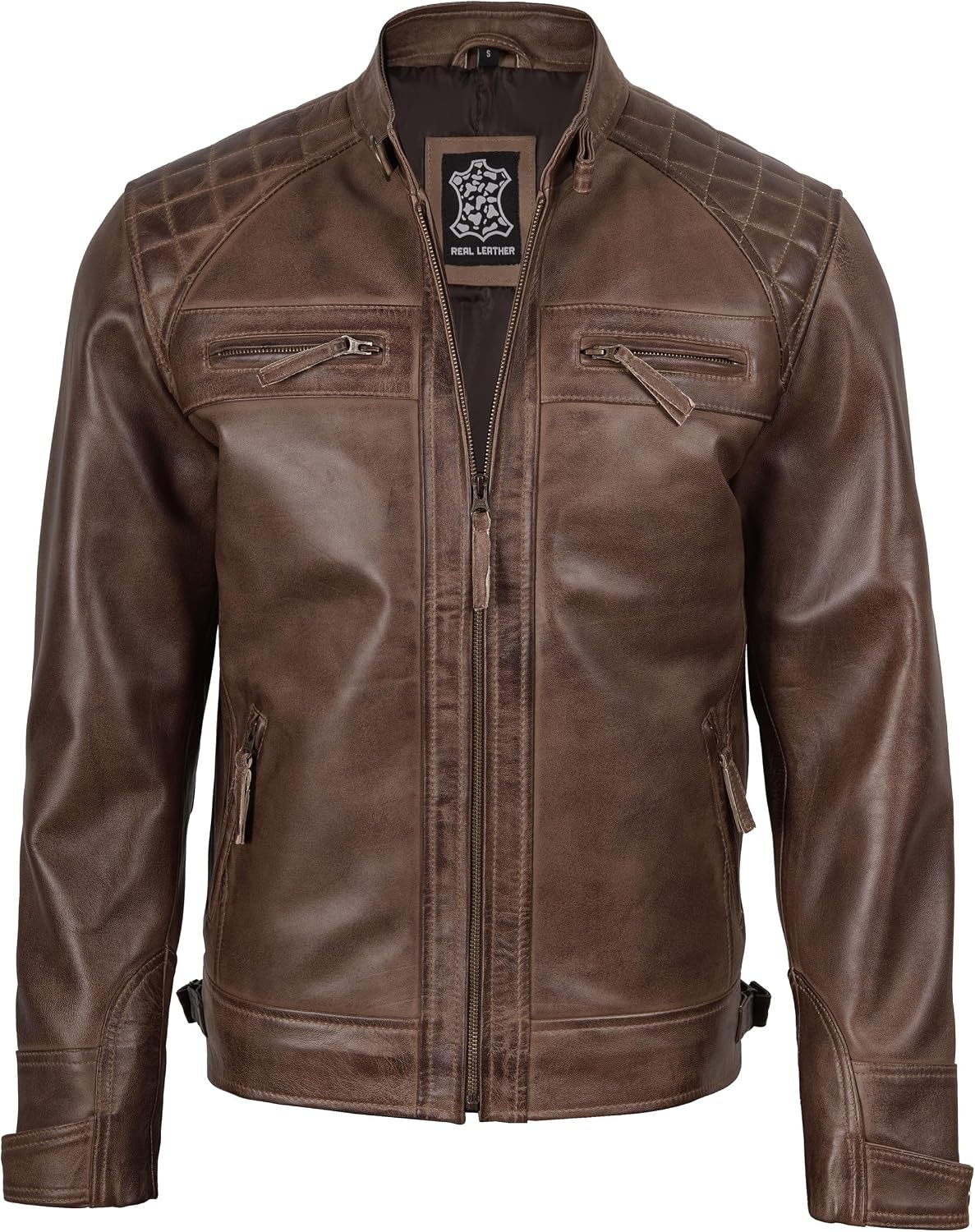 image:imageBlingsoul Cafe Racer Leather Jacket Men Quilted Real Lambskin Leather Jacket for Men with Snap Tab CollarCoffee Brown Wax