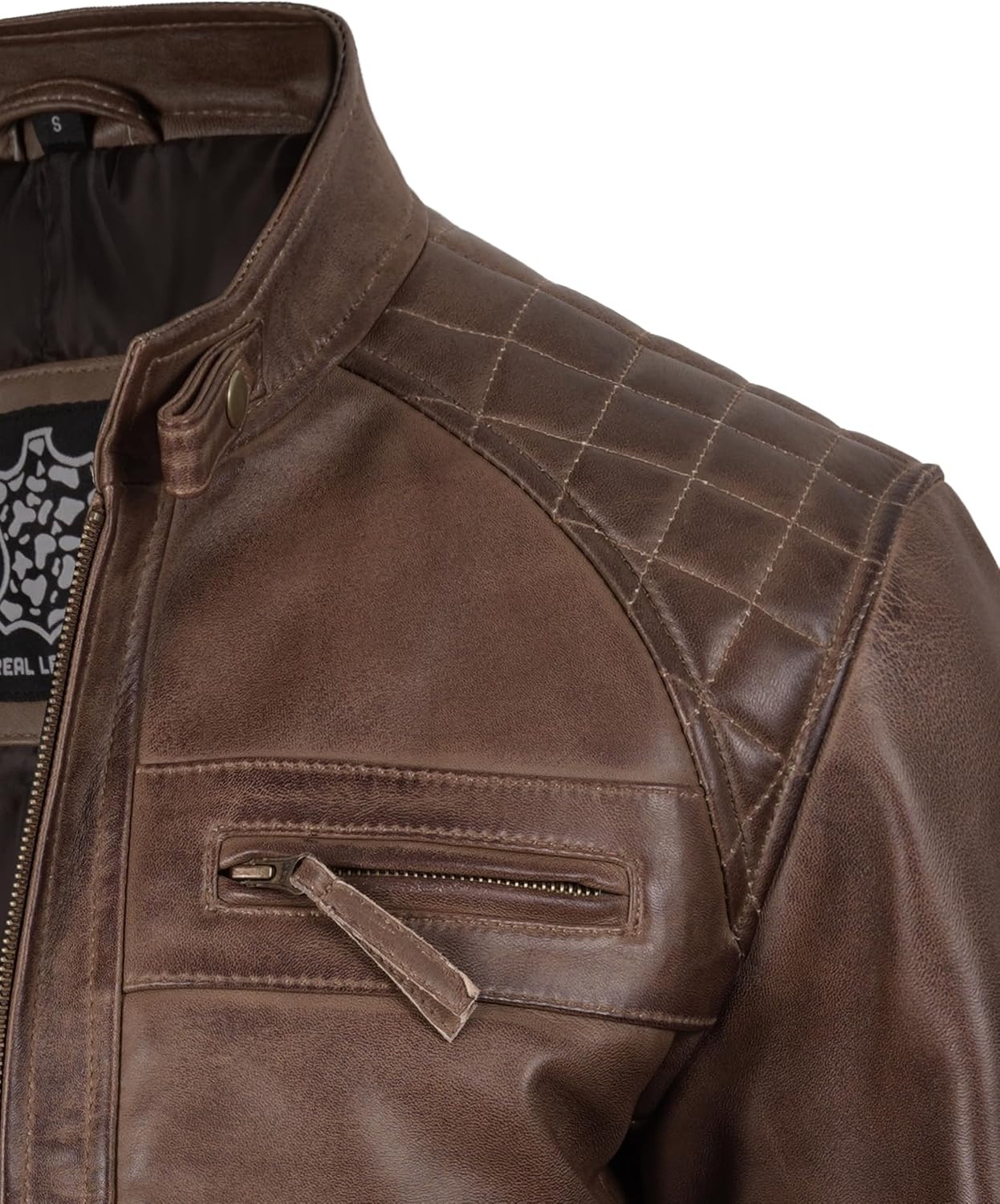 image:imageBlingsoul Cafe Racer Leather Jacket Men Quilted Real Lambskin Leather Jacket for Men with Snap Tab CollarCoffee Brown Wax