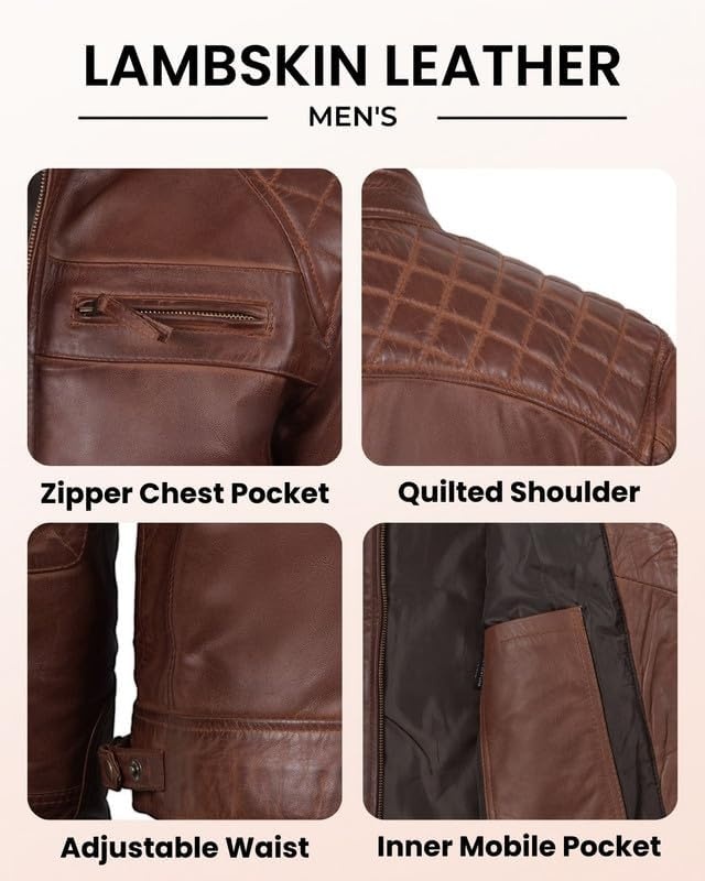 image:imageBlingsoul Cafe Racer Leather Jacket Men Quilted Real Lambskin Leather Jacket for Men with Snap Tab CollarCognac Wax