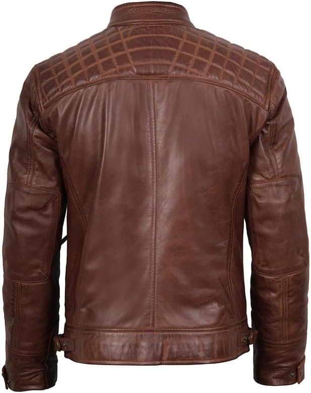 image:imageBlingsoul Cafe Racer Leather Jacket Men Quilted Real Lambskin Leather Jacket for Men with Snap Tab CollarCognac Wax