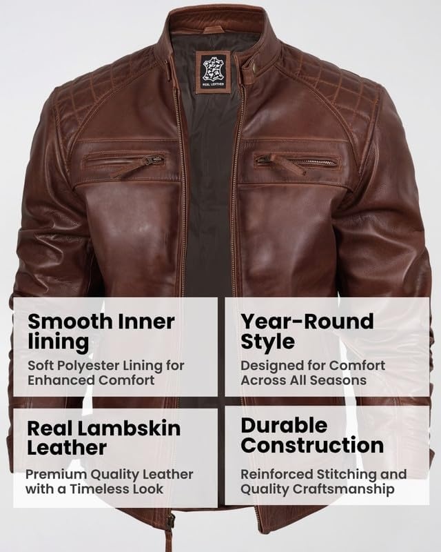 image:imageBlingsoul Cafe Racer Leather Jacket Men Quilted Real Lambskin Leather Jacket for Men with Snap Tab CollarCognac Wax