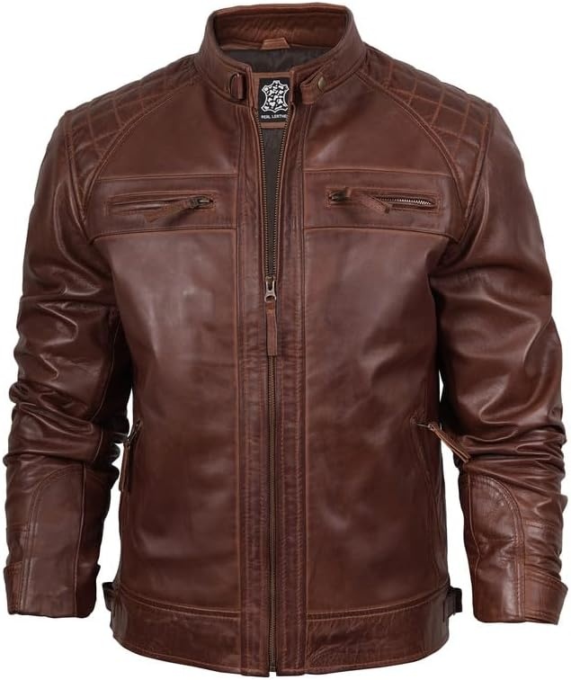 image:imageBlingsoul Cafe Racer Leather Jacket Men Quilted Real Lambskin Leather Jacket for Men with Snap Tab CollarCognac Wax