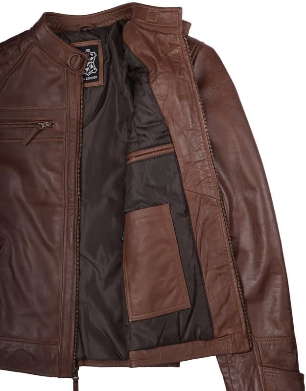 image:imageBlingsoul Cafe Racer Leather Jacket Men Quilted Real Lambskin Leather Jacket for Men with Snap Tab CollarCognac Wax