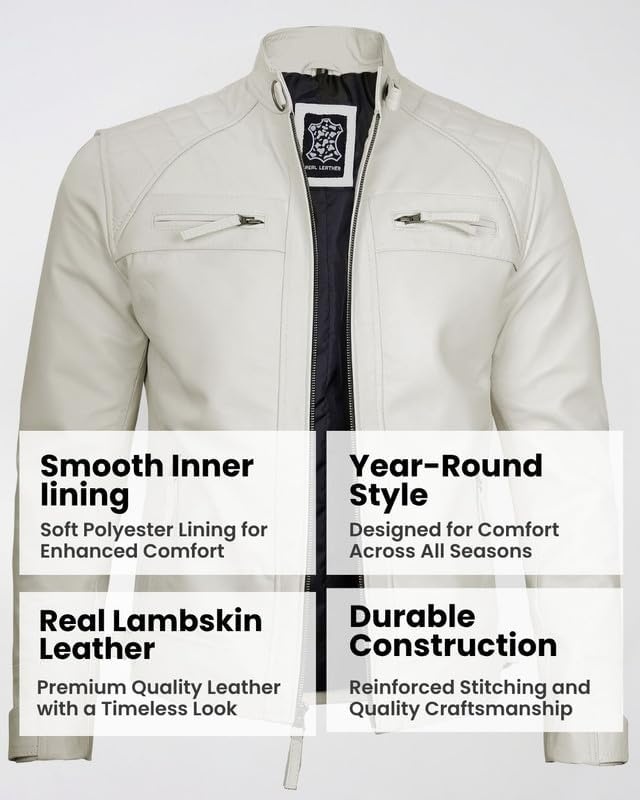 image:imageBlingsoul Cafe Racer Leather Jacket Men Quilted Real Lambskin Leather Jacket for Men with Snap Tab CollarOffwhite