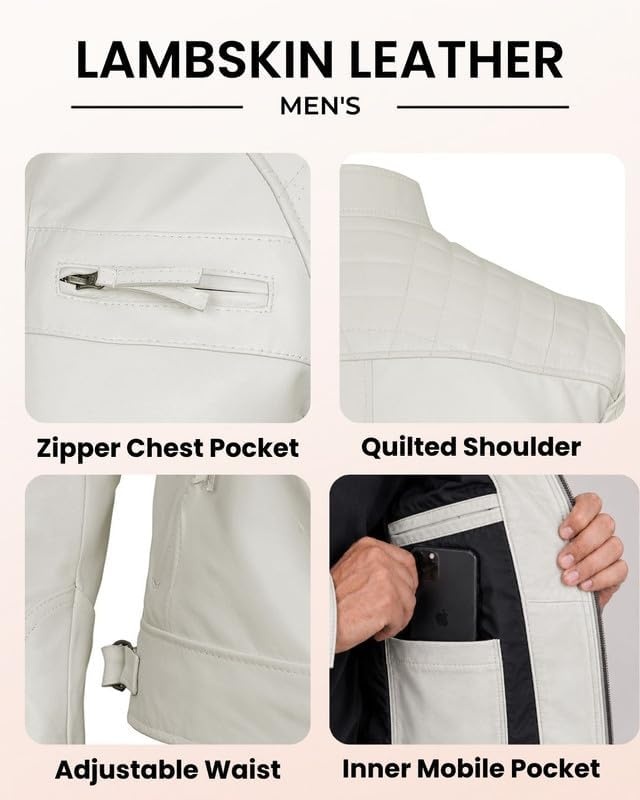 image:imageBlingsoul Cafe Racer Leather Jacket Men Quilted Real Lambskin Leather Jacket for Men with Snap Tab CollarOffwhite