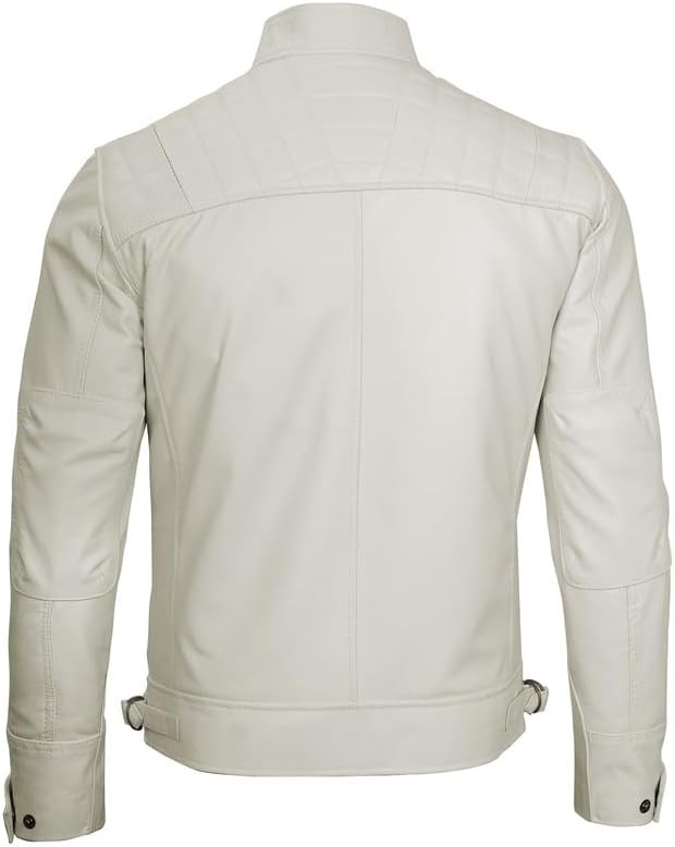 image:imageBlingsoul Cafe Racer Leather Jacket Men Quilted Real Lambskin Leather Jacket for Men with Snap Tab CollarOffwhite
