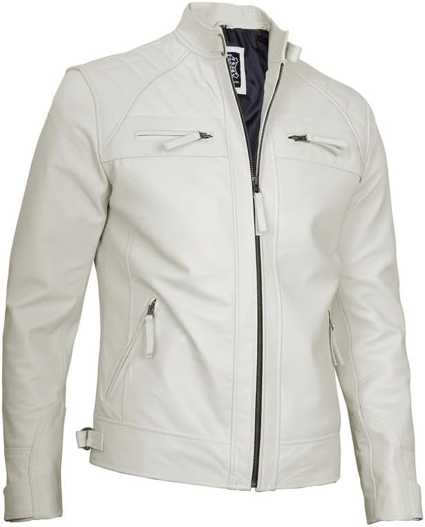 image:imageBlingsoul Cafe Racer Leather Jacket Men Quilted Real Lambskin Leather Jacket for Men with Snap Tab CollarOffwhite