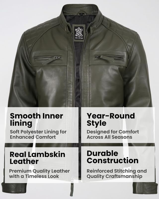 image:imageBlingsoul Cafe Racer Leather Jacket Men Quilted Real Lambskin Leather Jacket for Men with Snap Tab CollarOlive Green