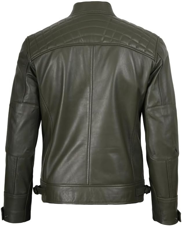 image:imageBlingsoul Cafe Racer Leather Jacket Men Quilted Real Lambskin Leather Jacket for Men with Snap Tab CollarOlive Green