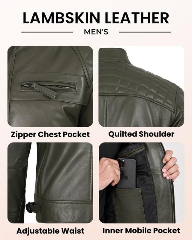 image:imageBlingsoul Cafe Racer Leather Jacket Men Quilted Real Lambskin Leather Jacket for Men with Snap Tab CollarOlive Green
