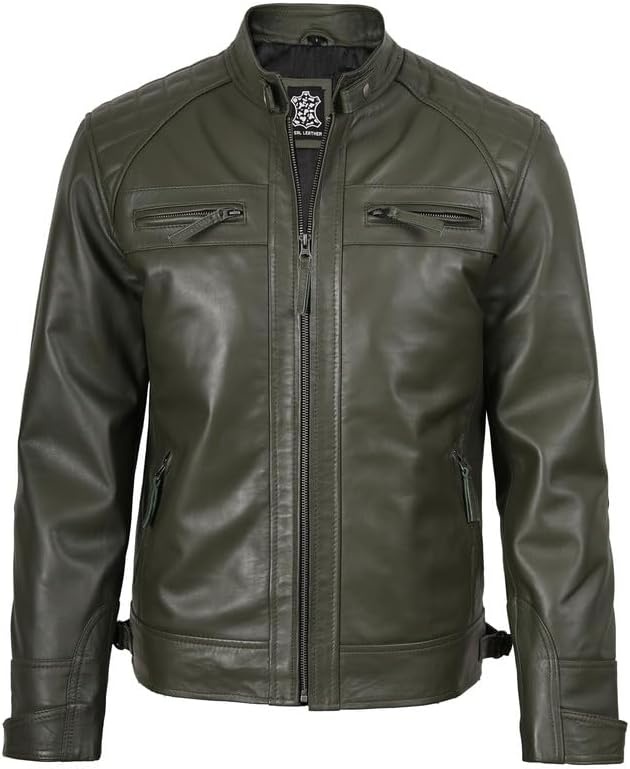 image:imageBlingsoul Cafe Racer Leather Jacket Men Quilted Real Lambskin Leather Jacket for Men with Snap Tab CollarOlive Green