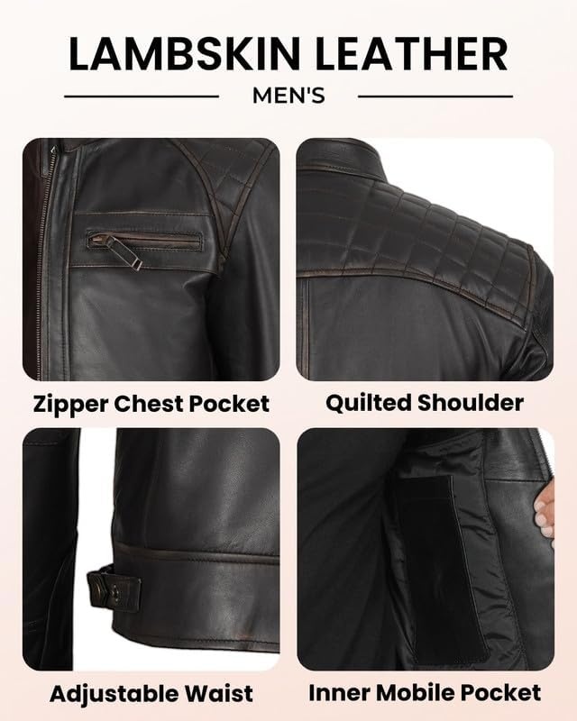 image:imageBlingsoul Cafe Racer Leather Jacket Men Quilted Real Lambskin Leather Jacket for Men with Snap Tab CollarRuboff Dark Brown