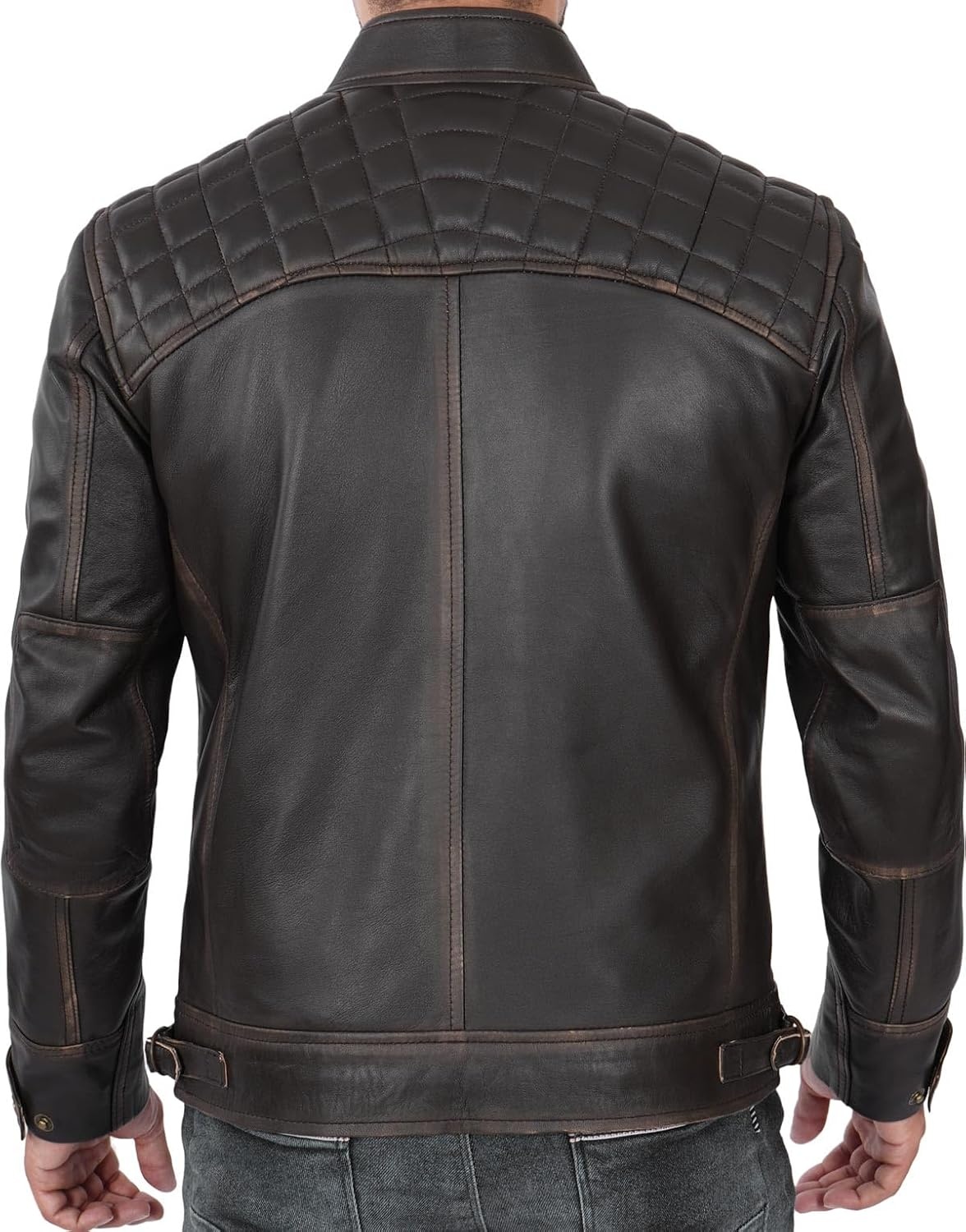 image:imageBlingsoul Cafe Racer Leather Jacket Men Quilted Real Lambskin Leather Jacket for Men with Snap Tab CollarRuboff Dark Brown