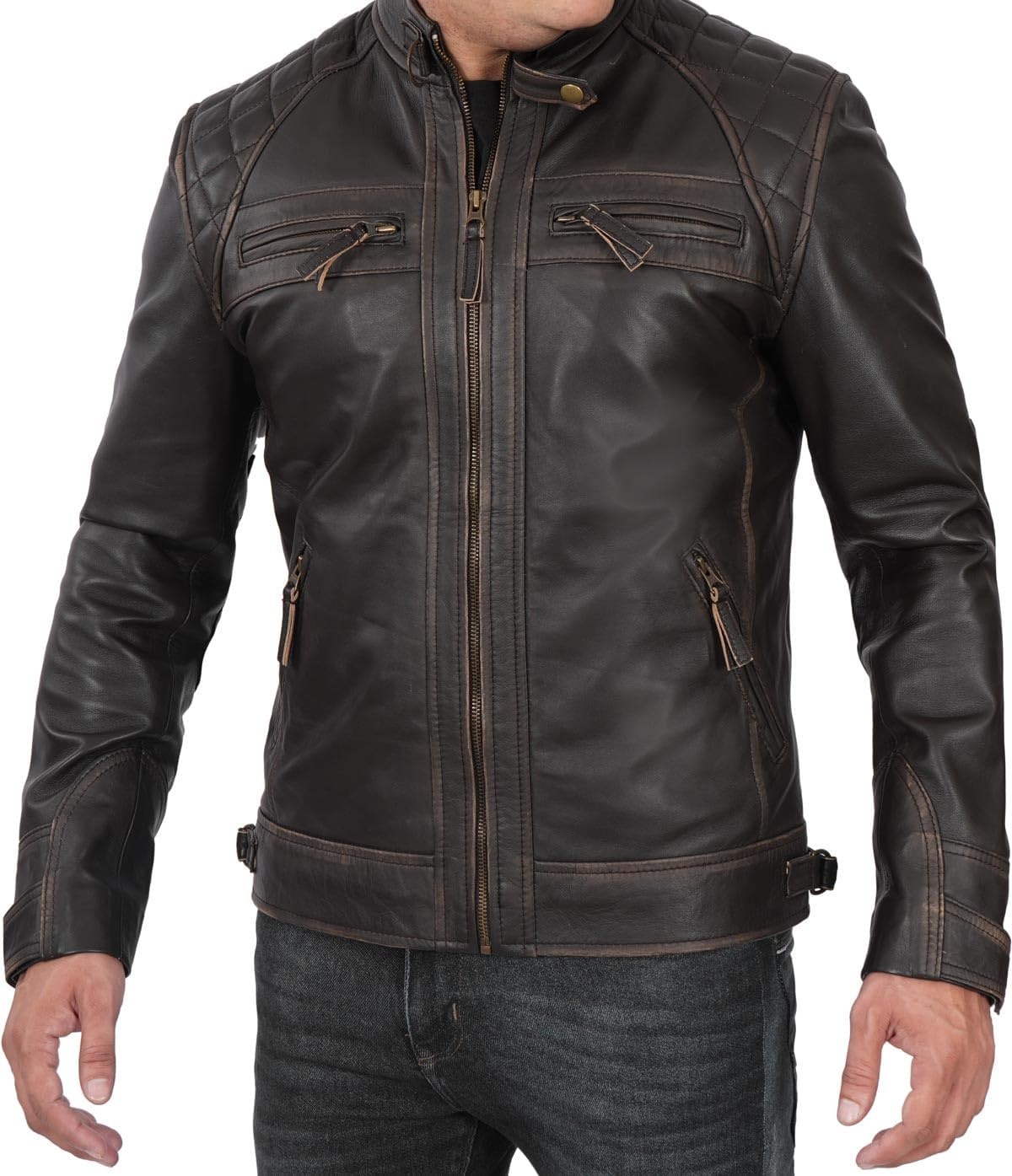 image:imageBlingsoul Cafe Racer Leather Jacket Men Quilted Real Lambskin Leather Jacket for Men with Snap Tab CollarRuboff Dark Brown