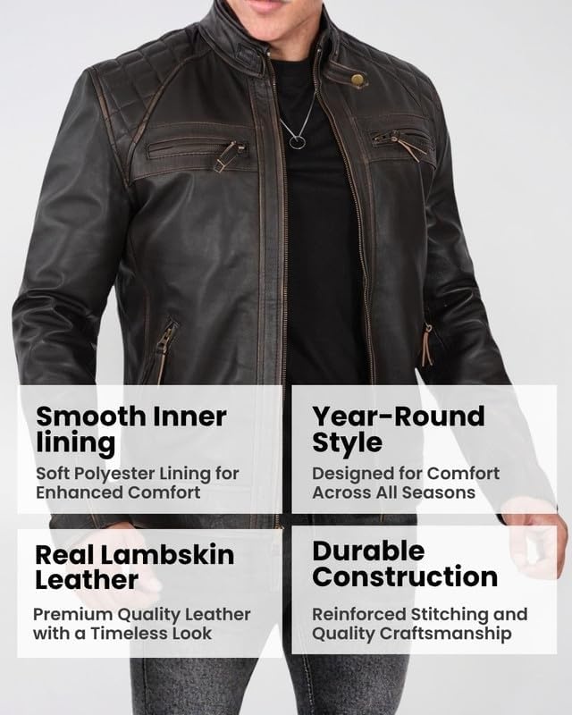 image:imageBlingsoul Cafe Racer Leather Jacket Men Quilted Real Lambskin Leather Jacket for Men with Snap Tab CollarRuboff Dark Brown