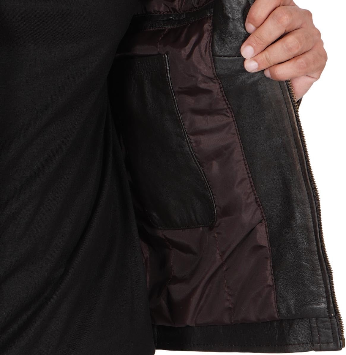 image:imageBlingsoul Cafe Racer Leather Jacket Men Quilted Real Lambskin Leather Jacket for Men with Snap Tab CollarRuboff Dark Brown