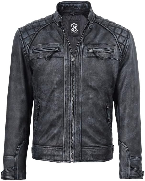 image:imageBlingsoul Cafe Racer Leather Jacket Men Quilted Real Lambskin Leather Jacket for Men with Snap Tab CollarWashed Distressed Black