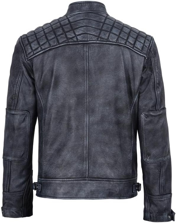 image:imageBlingsoul Cafe Racer Leather Jacket Men Quilted Real Lambskin Leather Jacket for Men with Snap Tab CollarWashed Distressed Black