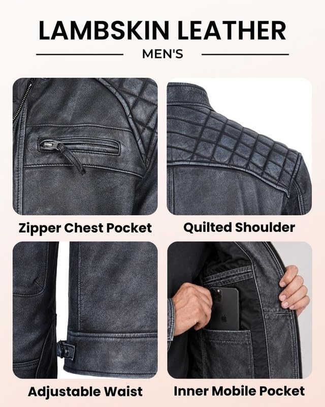 image:imageBlingsoul Cafe Racer Leather Jacket Men Quilted Real Lambskin Leather Jacket for Men with Snap Tab CollarWashed Distressed Black