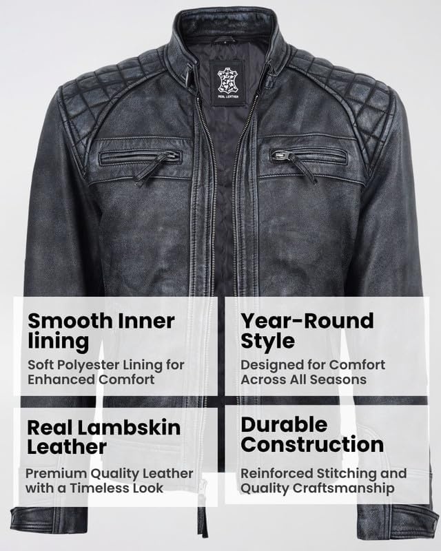 image:imageBlingsoul Cafe Racer Leather Jacket Men Quilted Real Lambskin Leather Jacket for Men with Snap Tab CollarWashed Distressed Black