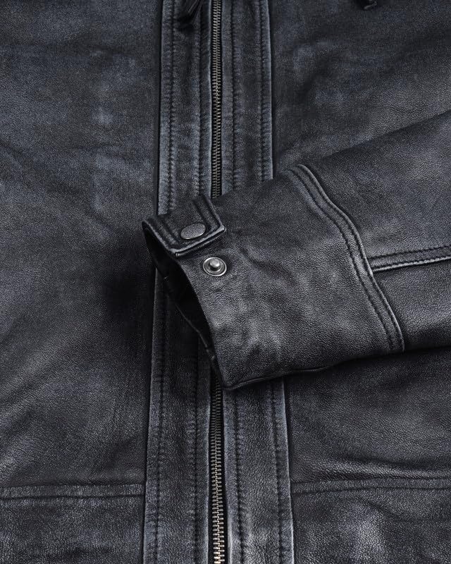 image:imageBlingsoul Cafe Racer Leather Jacket Men Quilted Real Lambskin Leather Jacket for Men with Snap Tab CollarWashed Distressed Black
