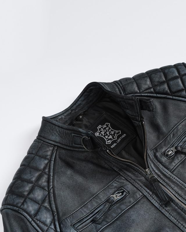 image:imageBlingsoul Cafe Racer Leather Jacket Men Quilted Real Lambskin Leather Jacket for Men with Snap Tab CollarWashed Distressed Black