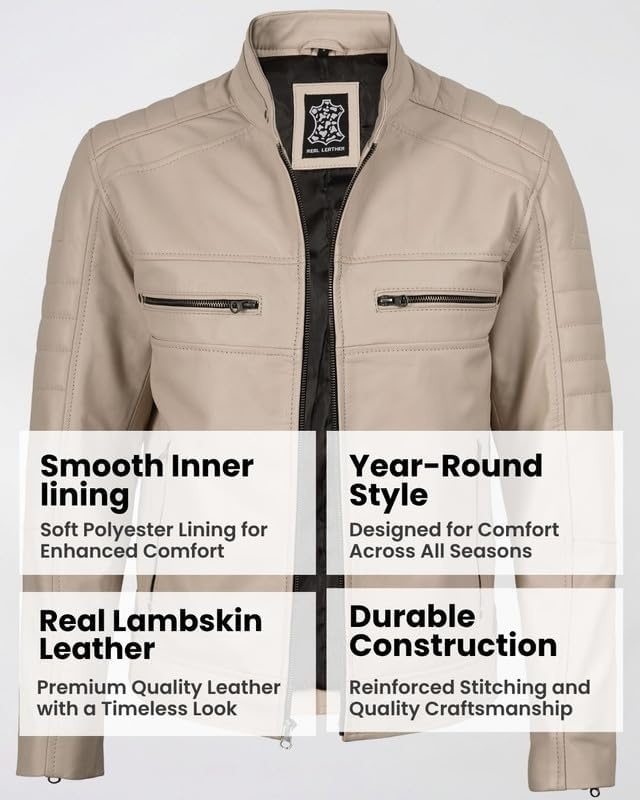 image:imageBlingsoul Cafe Racer Leather Jacket Men Real Lambskin Leather Jacket For Men Genuine Leather Motorcycle Style JacketsBeige
