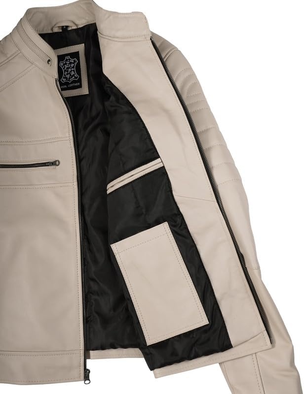 image:imageBlingsoul Cafe Racer Leather Jacket Men Real Lambskin Leather Jacket For Men Genuine Leather Motorcycle Style JacketsBeige