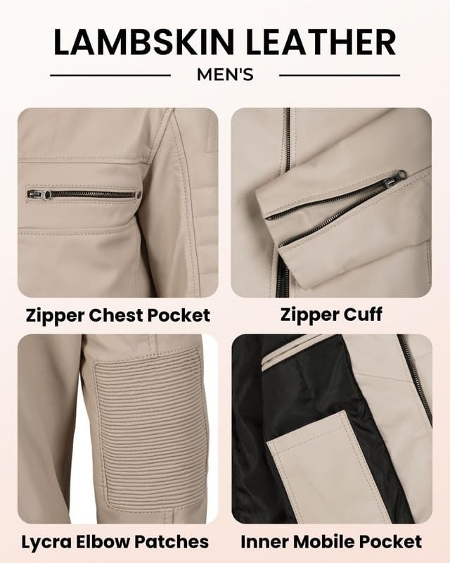 image:imageBlingsoul Cafe Racer Leather Jacket Men Real Lambskin Leather Jacket For Men Genuine Leather Motorcycle Style JacketsBeige