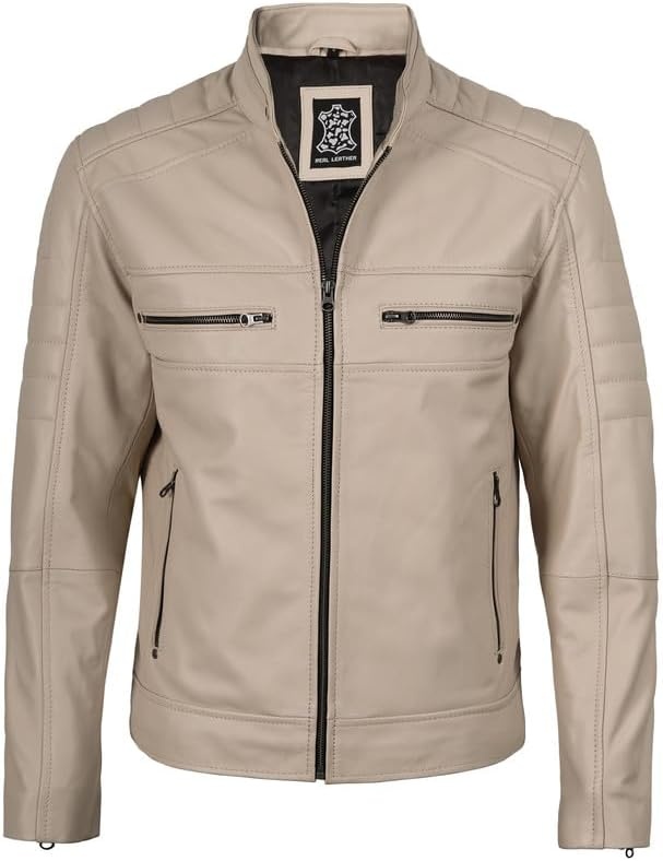 image:imageBlingsoul Cafe Racer Leather Jacket Men Real Lambskin Leather Jacket For Men Genuine Leather Motorcycle Style JacketsBeige