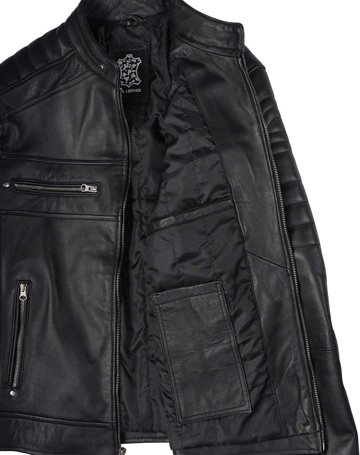 image:imageBlingsoul Cafe Racer Leather Jacket Men Real Lambskin Leather Jacket For Men Genuine Leather Motorcycle Style JacketsBlack