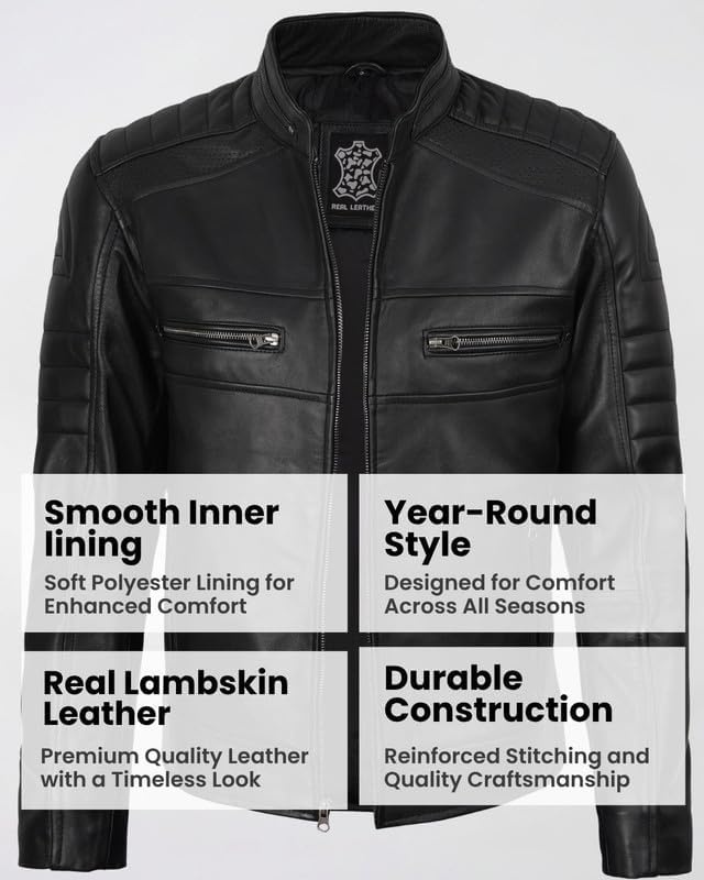 image:imageBlingsoul Cafe Racer Leather Jacket Men Real Lambskin Leather Jacket For Men Genuine Leather Motorcycle Style JacketsBlack