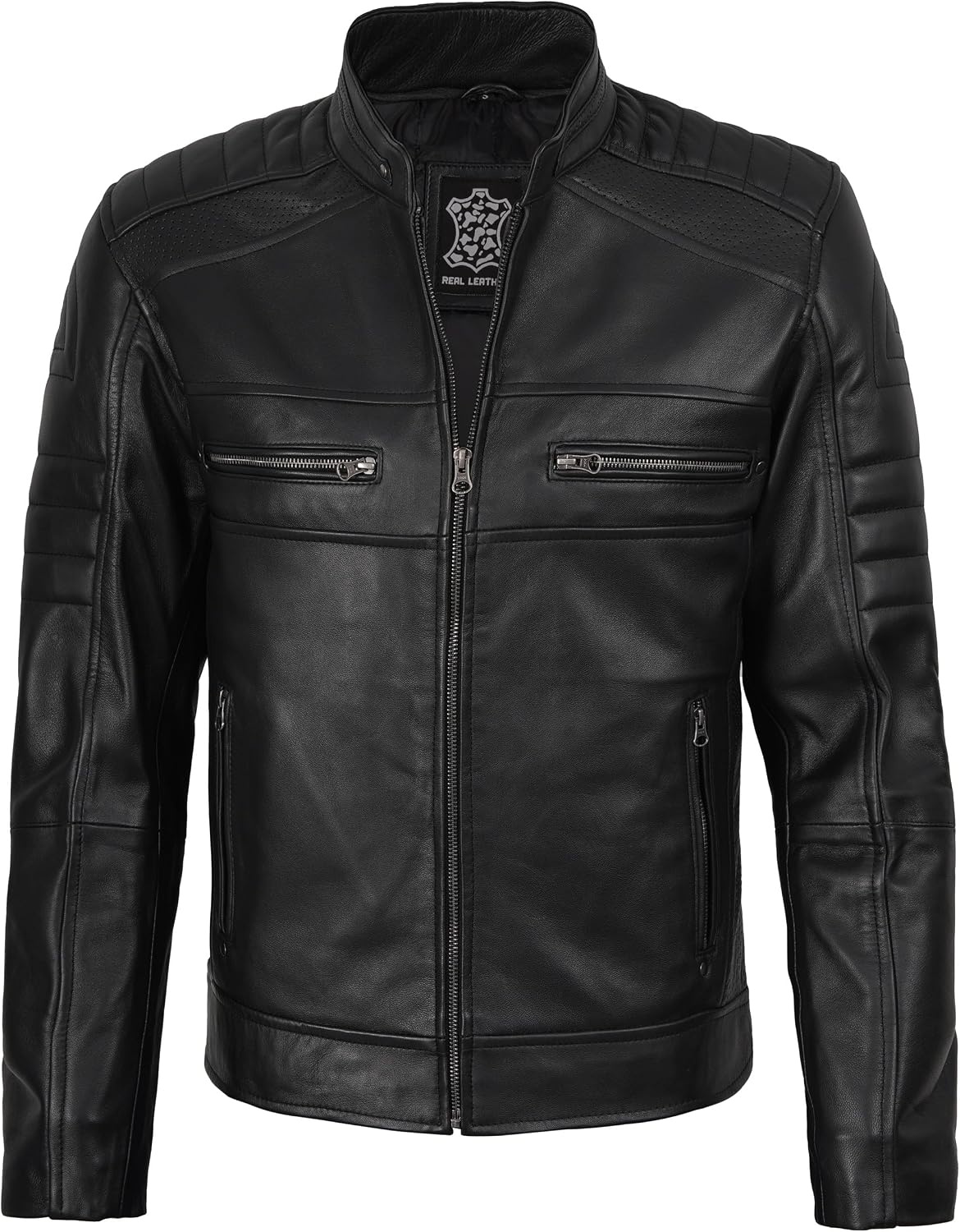 image:imageBlingsoul Cafe Racer Leather Jacket Men Real Lambskin Leather Jacket For Men Genuine Leather Motorcycle Style JacketsBlack