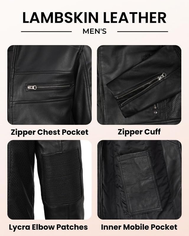 image:imageBlingsoul Cafe Racer Leather Jacket Men Real Lambskin Leather Jacket For Men Genuine Leather Motorcycle Style JacketsBlack