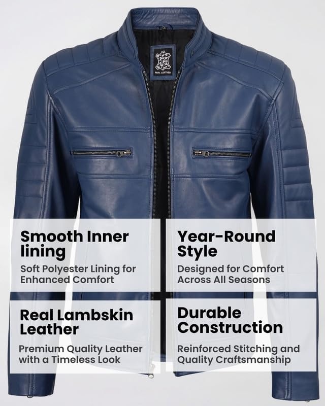 image:imageBlingsoul Cafe Racer Leather Jacket Men Real Lambskin Leather Jacket For Men Genuine Leather Motorcycle Style JacketsBlue