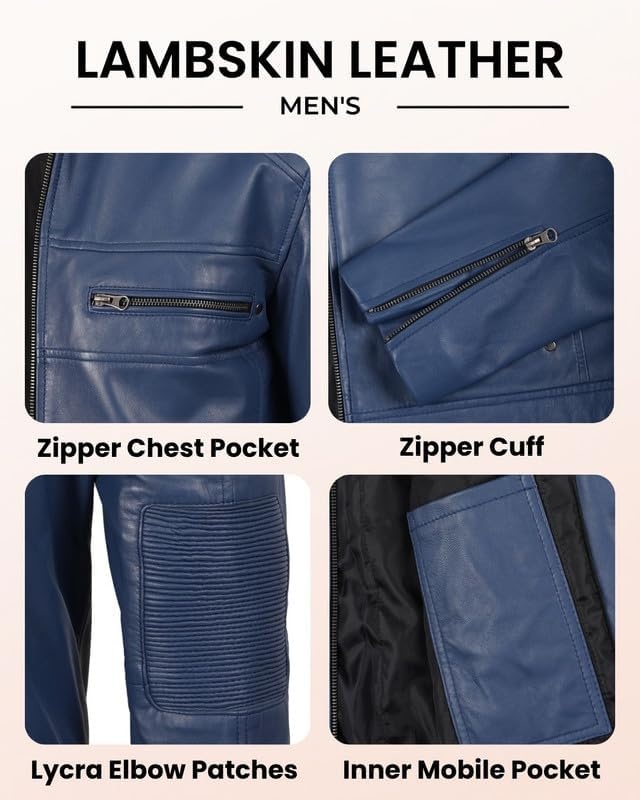 image:imageBlingsoul Cafe Racer Leather Jacket Men Real Lambskin Leather Jacket For Men Genuine Leather Motorcycle Style JacketsBlue