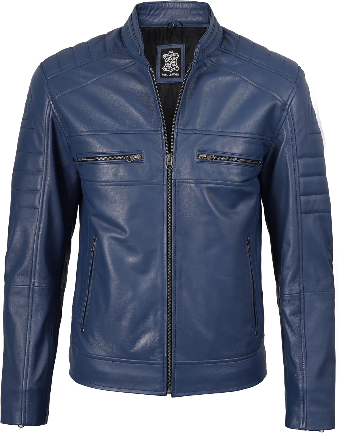 image:imageBlingsoul Cafe Racer Leather Jacket Men Real Lambskin Leather Jacket For Men Genuine Leather Motorcycle Style JacketsBlue