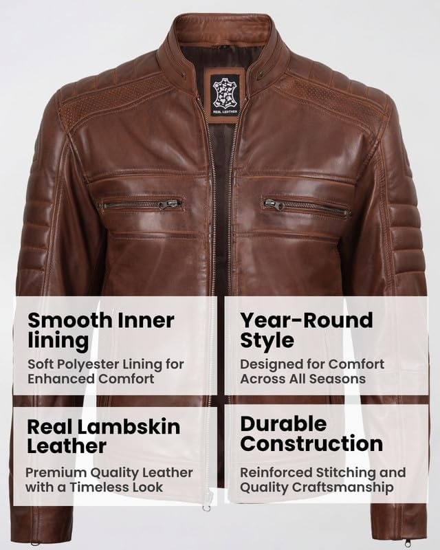 image:imageBlingsoul Cafe Racer Leather Jacket Men Real Lambskin Leather Jacket For Men Genuine Leather Motorcycle Style JacketsBrown Cognac Wax